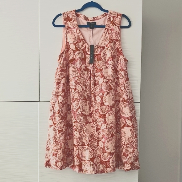 Tahari Coral and Beige Leaf Print Mini Dress - Picture 1 of 7